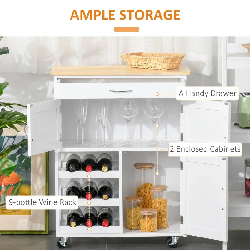 White Wooden Rolling Kitchen Cart with Storage Drawer 9-Bottle Wine