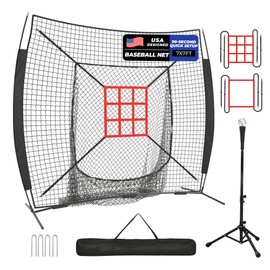 Sturdum 7 x 7 ft Baseball Net with Batting Tee, Baseball Softball Batting Net with Strike Zone for Practice Hitting Pitching Fielding, Quick Setup, Portable, with Carry Bag, 4 Ground Stakes