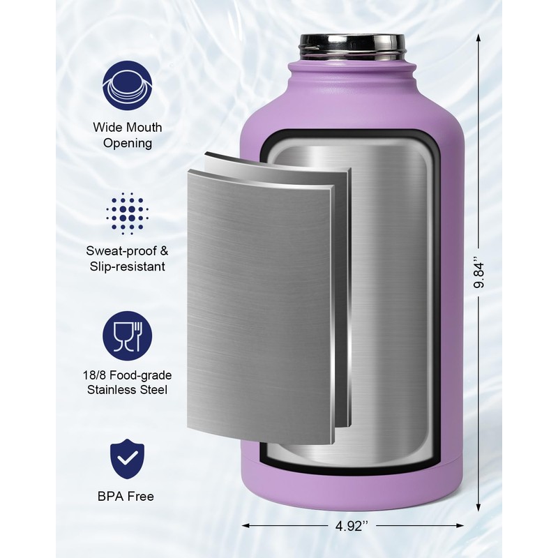 64oz Insulated Water Bottle with Paracord Handle, INSPI Half Gallon