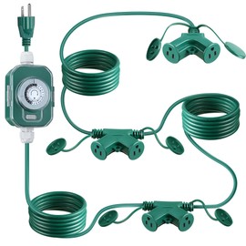 Feekoon 30 FT Outdoor Extension Cord with Mechanical Timer and 6 Outlet Plugs, 16AWG SJTW Green Power Cord with Safety Cover Heavy Duty Electric Flexible Cord for Outdoor Light Christmas Decoration