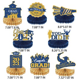 8 PCS Graduation Honeycomb Table Toppers for Graduation Party Decorations Class of 2023 Supplies Congrats Grad Table Centerpieces Gold Blue