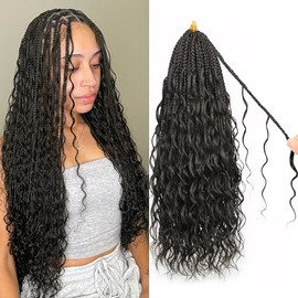 Goddess Box Braids Pure Protein Fiber Close to Human Hair 24 Inch 7 Packs Boho Crochet Braids with Soft Curls Bohemian Braids Crochet Hair for Black Women (24Inch,1B)