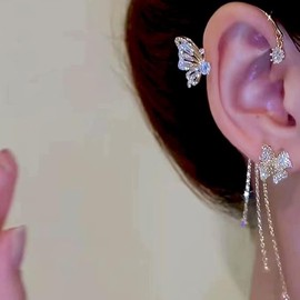 1 Pair Long Butterfly Flower Tassel Rhinestone Ear Cuff for Women Girls No Piercing Ear Clips Long Statement Earrings (Silver, One size)