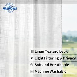 NAKIHOUSE Linen Voile Curtain, 2 Panels White Net Curtains for Windows 63 Drop, Farmhouse Linen Textured Look Semi Sheer Curtains, Light Filtering Slot Top Window Drapes for Living Room, Bedroom