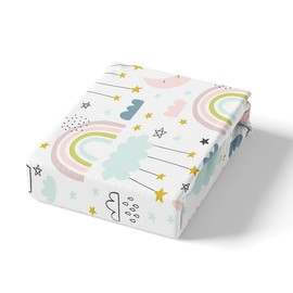 Homemissing Cartoon Moon and Stars Printed Fitted Sheet 140 x 200 cm Boho Exotic Decor Fitted Sheet for Children Boys Cute Clouds and Rainbow Bed Sheet Set Galaxy Beautiful Room Decor 2 Pieces