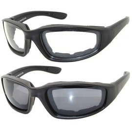 OWL 2 Pack Motorcycle Riding Glasses for Men and Women, Foam Padded Wind Blocker Sunglasses for Day and Night Driving Black Smoke and Clear Lenses