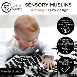 Etta Loves Plant Print Muslin Cloths, Black and White Sensory Muslins for Newborns, Baby Essentials for Newborn to 4-Month-Old Babies (3-PACK)