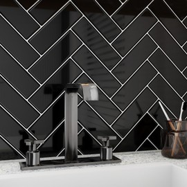 Livelynine 32-Tiles Renter Friendly Black Peel and Stick Backsplash Herringbone Heat Resistant Backsplash Tile for Kitchen Peel Stick Bathroom Wall Tile Stickers Waterproof Back Splash Stick on Tiles