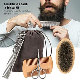 barba kit cuidado, Kit de barba 4 en 1 cuidado de la barba con peine de acero inoxidable, cepillo de tijera con peine de doble cara Juego de peinado de barba para el cuidado del bigote para hombre
