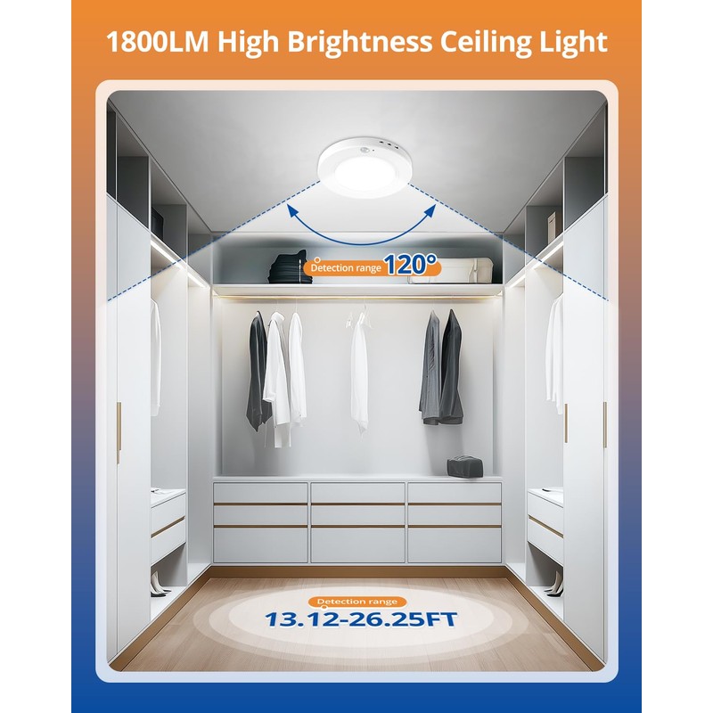 wowatt 2Pcs Motion Sensor Ceiling Light Wired, 3000K/4000K/6000K Selectable Motion