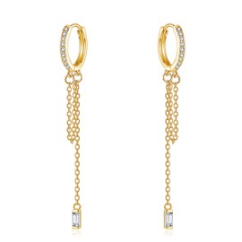 Cangall Silver Hoop Earrings Chain for Women, 925 Sterling Silver Hoop Earrings with Long Chain Dangling, Minimalist Hypoallergenic Small CZ Gold Drop Dangling Huggie Earrings Chain for Girls Teen