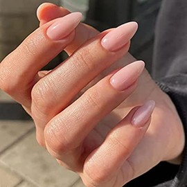 JUSTOTRY 24 Pcs Short False Nails Almond, Gradient Nude French Press on Nails Pattern, Peach Fake Nails Short, Stiletto Stick on Nails for Women, Nails Fake Nail Medium for Nails Art