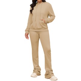 PINSV Women's Sweatsuits Sets 2 Piece Outfits Drawstring Hoodies Stacked Jogger Sweatpants Tracksuits Casual Set Khaki S