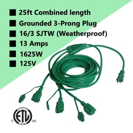 1 to 3 Splitter Extension Cord (Combined 25 FT, End to End 13 FT), 3 Prong Plug with 3 Extended Outlets, with Weatherproof Covers for Indoor and Outdoor,16AWG/3C SJTW, ETL Listed