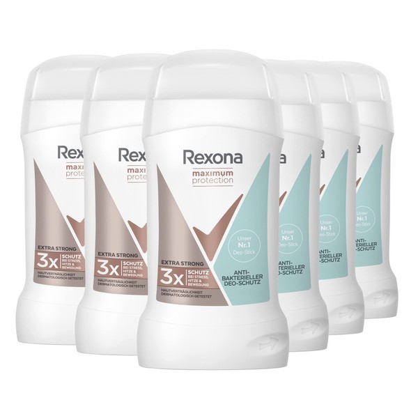 Rexona Maximum Protection Antiperspirant Deodorant Stick Antibacterial Deodorant Protection Against Strong Sweating and Body Odour Without Alcohol 40 ml Pack of 6