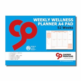Cherry Weekly Wellness Planner A4 Pad | 52 Undated Sheets for Year-Round Wellness Tracking | Includes Sections for Priorities, Self-Care, Gratitude, and Food Ideas | Made in the UK | Peach
