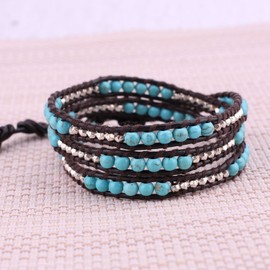 KELITCH Turquoise Beaded Bracelet 3 Wrap Leather Bangle Bracelets Hand-Braided Fashion Cuff for Women
