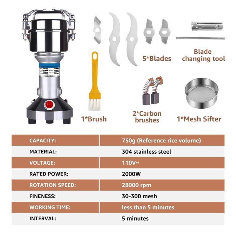 750g Electric Grain Mill Grinder, Stainless Steel High Speed Dry