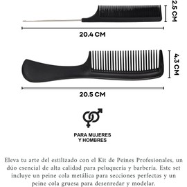 Kit 2 Peines Profesionales Cola Metálica y Gruesa con Particulas de Fibra de Carbono Resistente al Calor para Estética Barbería Corte Fino y Peinado de Cabello en diferentes estilos uso personal
