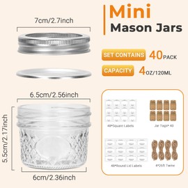 Eathtek 4 oz Mason Jars 40 Pack, 120ml Mini Canning Jars with Regular Lids for Jelly Herbs Spice Honey Storage, Small Glass Jars Candle jars, Extra Lids Tags Label Included