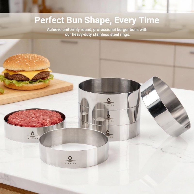 Hilsita Burger Mold, Sous Vide Accessories Hamburger Bun Rings, 6