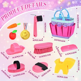 Joellfuner Horse Care Set with Bag, Toy Cleaning Kit Horses for Children, Accessories for Horses Toy Pink with Brush, Massage Brush, Mane Comb, Hoof Pick, Horse Sponge