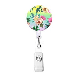 Retractable ID Badge Holder Nurse Badge Reels with Clip Name Card Holders for Office Worker Doctor Nurse Flower Green
