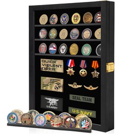 WELIDAY Military Challenge Coin Display Case with Acrylic Door-7 Rows Large Shadow Box Medal Display Case Cabinet Rack (Holds 7 Rows of Coins)