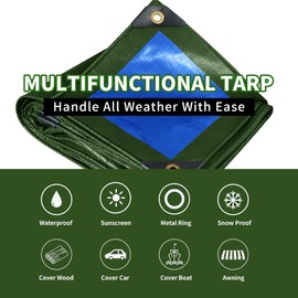 TARPAL 12x16 Tarp Heavy Duty Waterproof Tarp 16mil Thick Tarps with Metal Grommets Every 17.7" UV Protection&Tear -Resistant Cover for Firewood,Roof,Pool,Car,RV&Outdoor Furniture（Green/Blue）