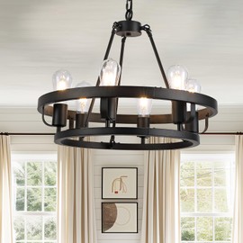 21.6 Inch Black Wagon Wheel Chandelier, 6 Light Vintage Farmhouse Light Fixture for Dining Room, Round Chandeliers for Island Kitchen Entryway Foyer Porch Bedroom, High Ceilings Living Room
