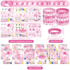 Ballet Party Favors, 12 Gift Bags, 12 Mini Notepads, 12 Rubber Bracelets, 50 Stickers, 12 Buildable Stickers, 12 Button Badges, 12 Slap Bracelets for Girls