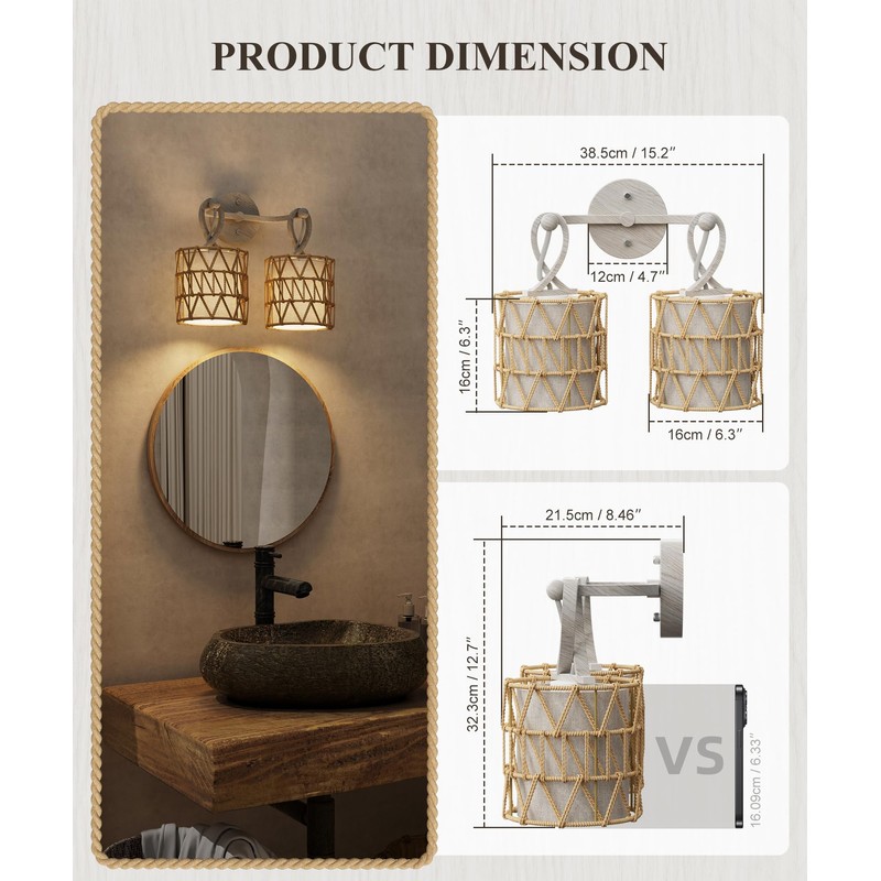 HYMELA N12-3 Two-Lights Boho Rattan Wall Sconce - Vanity Lights