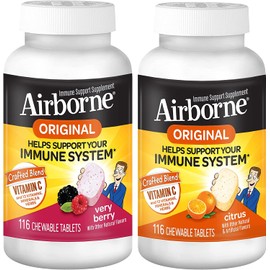 Airborne 1000mg Vitamin C Chewable Tablets Citrus & Very Berry Flavor Bundle - Immune Support Supplement with Zinc and Powerful Antioxidant Vitamins A C & E, (2x116ct Bottles)*