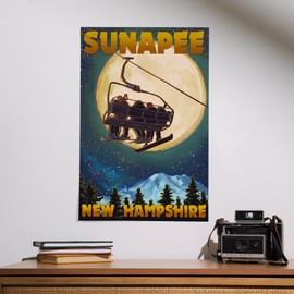 Lantern Press 16x24 Inch Giclee Print, Sunapee, New Hampshire, Ski Lift and Full Moon