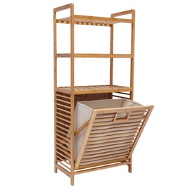 4-Tier Organizer Storage Shelf with Bamboo Frame and Pull Out Fabric Baskets Storage Drawers Unit,Laundry Towel Hamper Cabinet Tower Three Part Compartment Sorter Basket