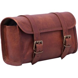 american blue Vintage Genuine Goat Leather Motorcycle Bag 2 Strap Buckle Closure Brown Tool Bag Quick Release Reinforced Handlebar Fork Leather Bike Bag (Pattern 6)