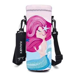 AMARY 500ML Neoprene Water Bottle Carrier Bag with Adjustable Shoulder Strap,Insulated Water Bottle Cover for Stainless Steel/Glass/Plastic Bottles 16.9OZ (Lovely mermaid)