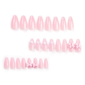 Press on Nails Almond Medium Cute Pink Bow Tie and Glitter Powder Design False Nails Artificial Acrylic Nails Pearl Stars Fake Nails 24Pcs Full Cover Reusable Coffin Nails Glue on Nails for Women Kit