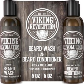 BEST DEAL Beard Wash & Beard Conditioner Set w/ Argan & Jojoba Oils - Softens & Strengthens - Natural Peppermint and Eucalyptus Scent - Beard Shampoo 