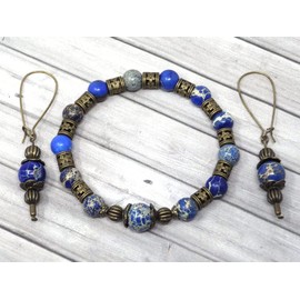 Armband und Ohrring im Vintage-Stil für Frauen in blauem imperialem Jaspis