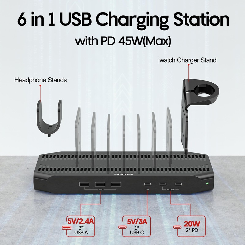 Unitek 2025 USB PD Charging Station, 6-Port, PD20W*2 + USB-C*1,