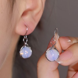 Moonstone Earrings 925 Sterling Silver Moonstone Drop Dangle Earrings, Moonstone Small Hoop Earrings Square Huggie Earrings Jewelry for Women s for s Sensitive Ears （Silver）
