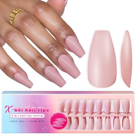 SXVME Soft Gel Nail Tips Long Coffin Gel X Nails, 300Pcs Pre-applied Tip Primer Gel X Nail Tips, Natural Pink Colored Gel Tips Acrylic Fake Nails Extensions False Nails Press ons for Easy DIY