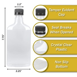 Pellah 375 ml (12.7 Oz.) Plastic Flask PET Clear Bottle For Beverage Liquor Sauce Juice Honey With Tamper Evident Seal(24 Pack) (Black Lids)