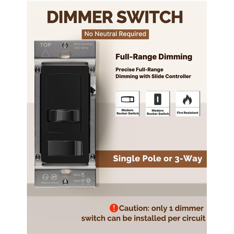 MOES Black Dimmer Light Switches 10pcs, 3 Way & Single