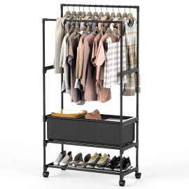 Small Portable Closet Storage Bag with Lockable Wheels & Double Rods Portable Garment Rack Shelves Wardrobescolor: Black Color