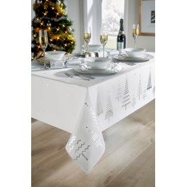 Lex's Linens Christmas Tablecloth Crisp White Background with Silver Lurex Christmas Tree print (52” x 90” Tablecloth)