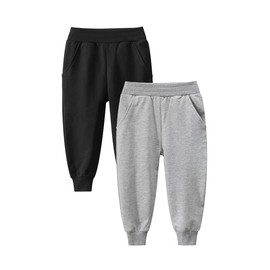 GFQLONG Toddler Baby Boys 2 Pack Cotton Active Jogger Pants,Kids Casual Athletic Sweatpants Solid Pocket Bottoms,Black+Grey 4-5T