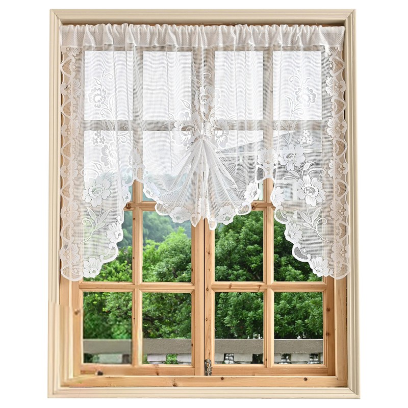 Jayla White Semi-Sheer Floral Lace Curtain Swag for Kitchen Half