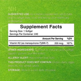 Vitamin K2 MK-7 200 mcg, 240 gels Gluten Free/Non-GMO Nutricost Menaquinone-7